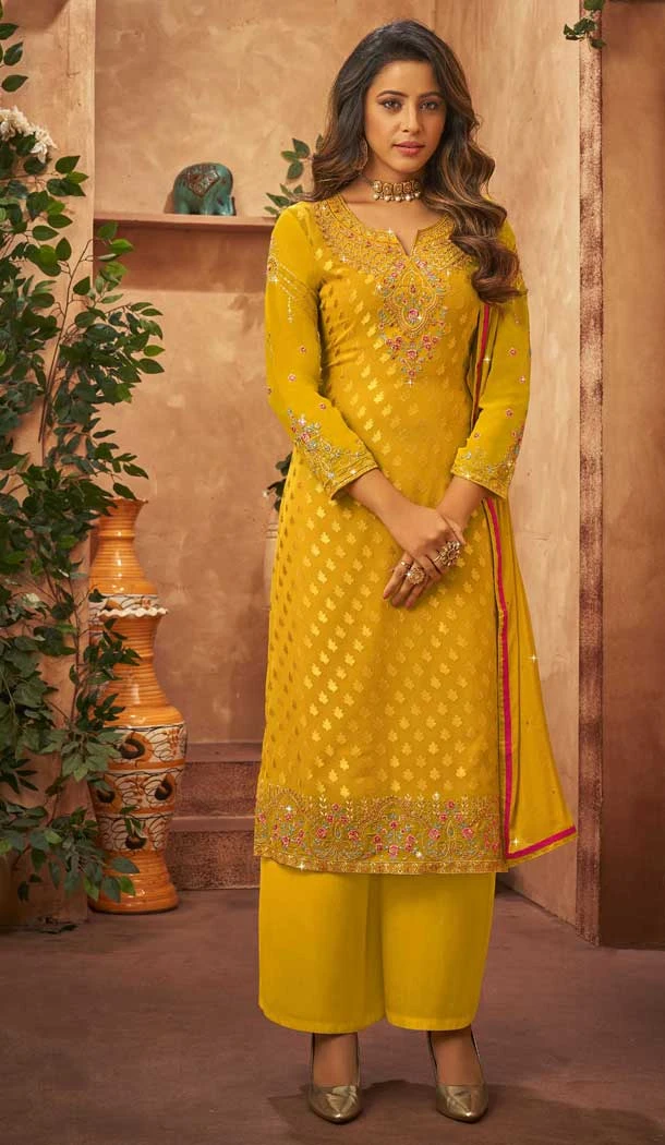 Yellow Color Heavy Brasso Embroidery Work Party Wear Palazzo Salwar Kameez -5648163630