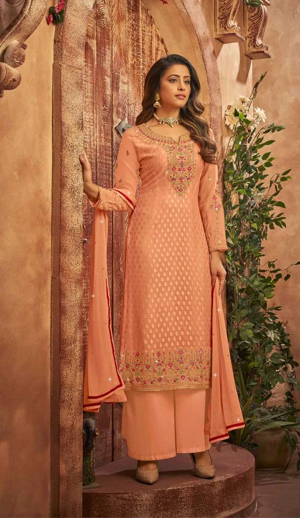 Peach Color Heavy Brasso Embroidery Work Party Wear Palazzo Salwar Kameez -5648163632