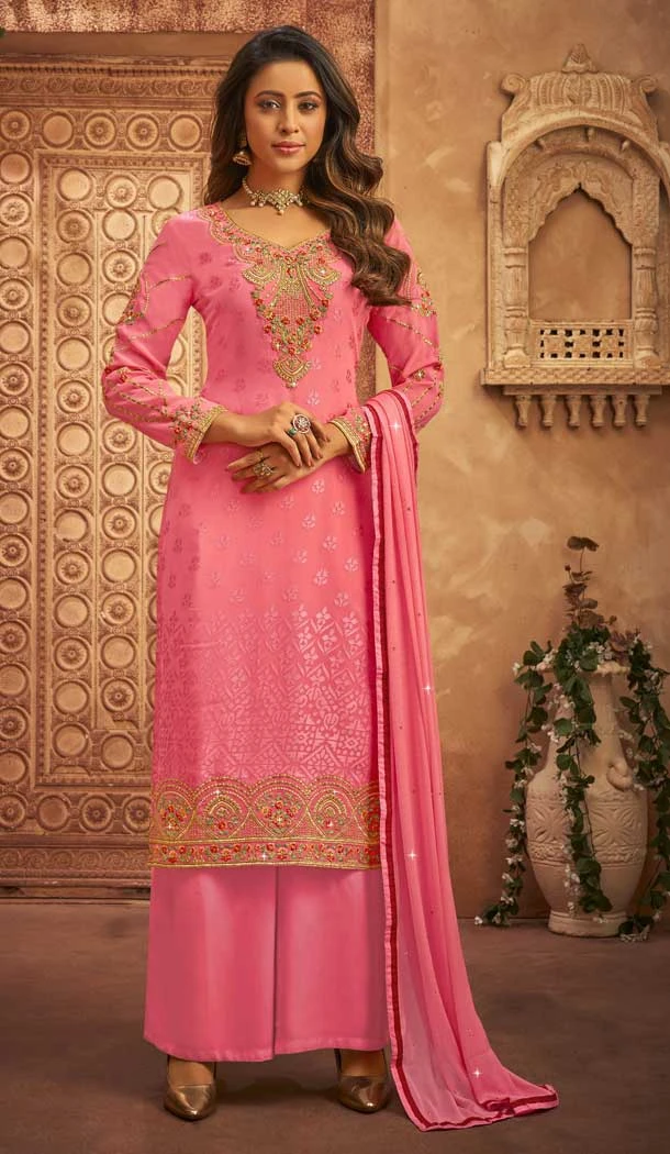 Pink Color Heavy Brasso Embroidery Work Party Wear Palazzo Salwar Kameez -5648163633