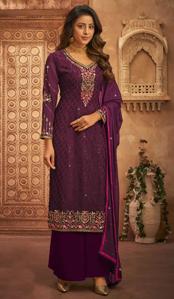Wine Color Heavy Brasso Embroidery Work Party Wear Palazzo Salwar Kameez -5648163634