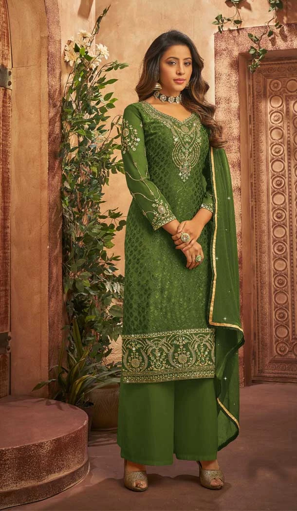 Light Green Color Heavy Brasso Embroidery Work Party Wear Palazzo Salwar Kameez -5648163635