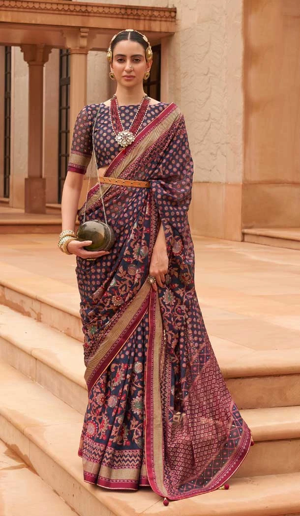 Navy Blue Color Brasso Diamond And Printed Work Function Wear Party Saree -5651163648