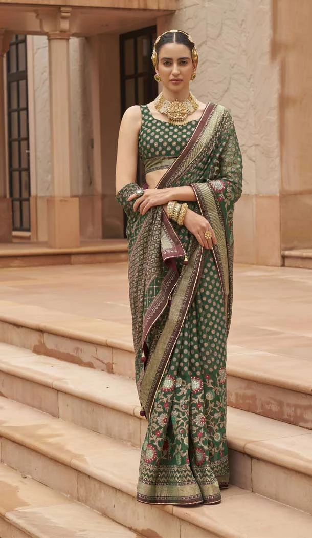 Mahendi Color Brasso Diamond And Printed Work Function Wear Party Saree -5651163649