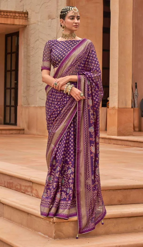 Purple Color Brasso Diamond And Printed Work Function Wear Party Saree -5651163650