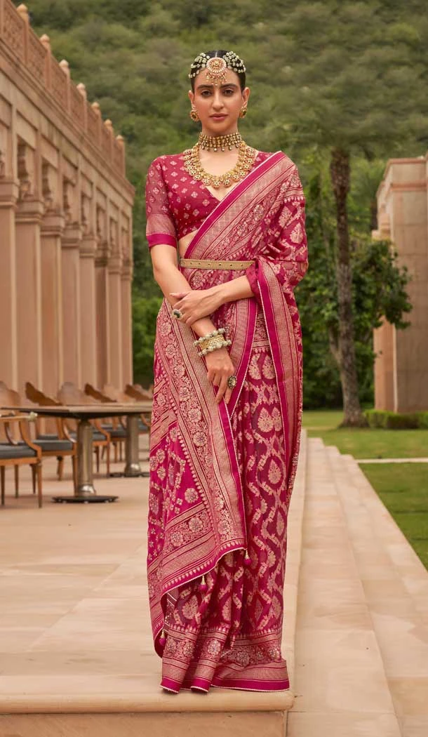Magenta Color Brasso Diamond And Printed Work Function Wear Party Saree -5651163651