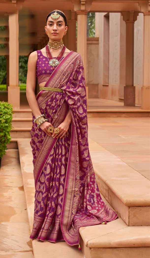 Brasso Purple Color Diamond And Printed Work Function Wear Party Saree -5651163653
