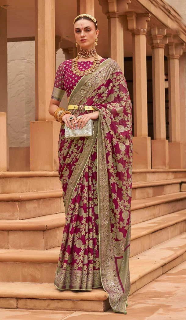 Brasso Magenta Color Diamond And Printed Work Function Wear Party Saree -5651163655