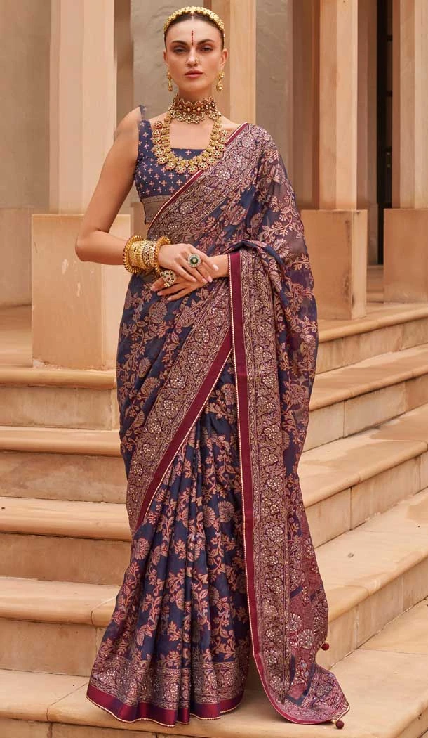 Dark Grey Color Brasso Diamond And Printed Work Function Wear Party Saree -5651163656
