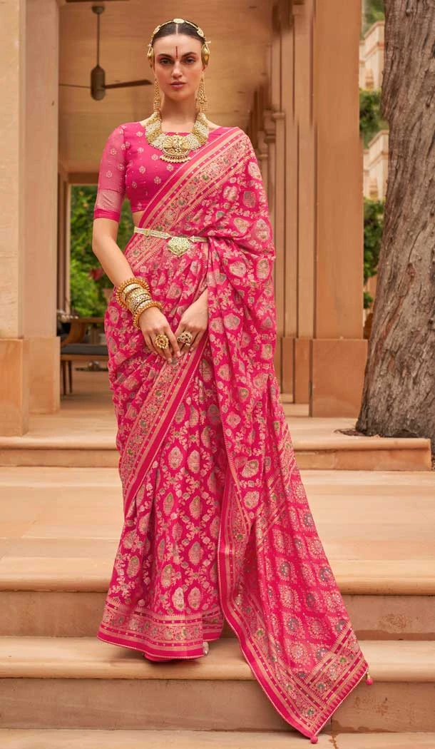 Pink Color Brasso Diamond And Printed Work Function Wear Party Saree -5651163657