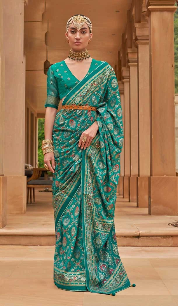 Firozi Color Brasso Diamond And Printed Work Function Wear Party Saree -5651163658