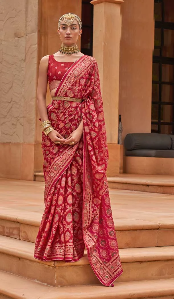 Red Color Brasso Diamond And Printed Work Function Wear Party Saree -5651163659