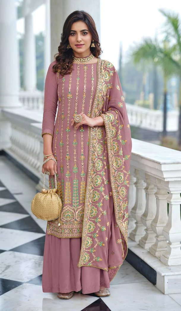 Dusty Pink Color Fox Georgette Resham Work Pakistani Palazzo Suit -5680163879