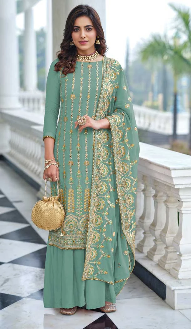 Dusty Green Color Fox Georgette Resham Work Pakistani Palazzo Suit -5680163880