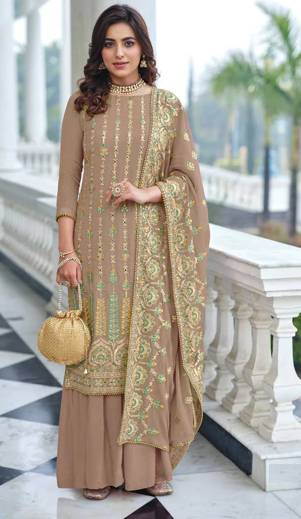 Beige Color Fox Georgette Resham Work Pakistani Palazzo Suit -5680163881