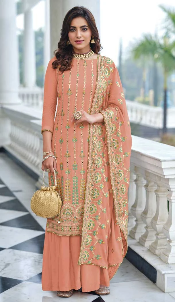 Peach Color Fox Georgette Resham Work Pakistani Palazzo Suit -5680163882