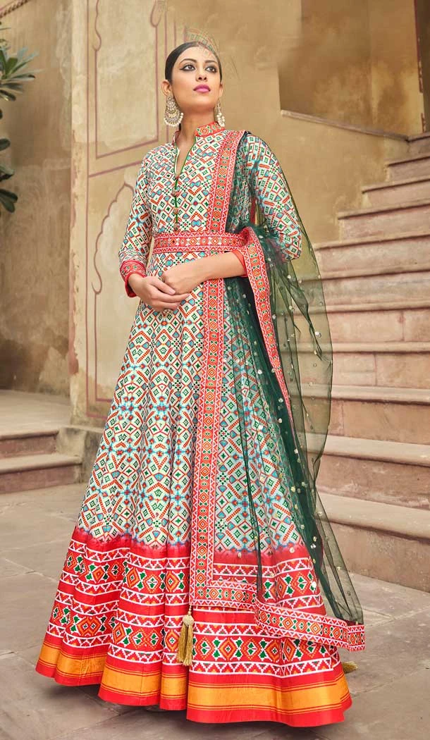 Multi Color Soft Dola Silk Patola Print Work Festival Wear Gown With Dupatta -5683163893