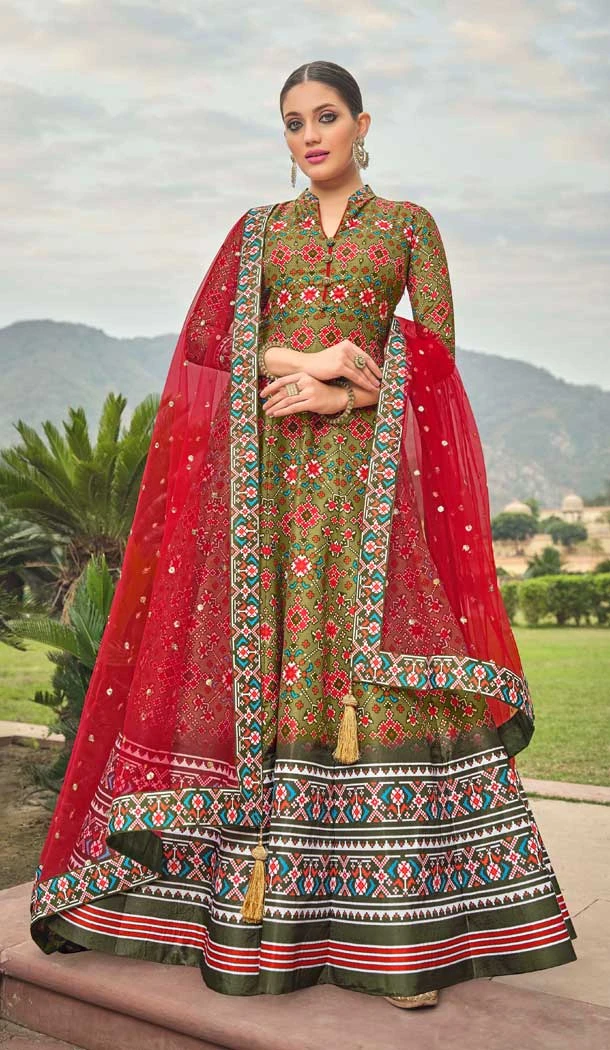 Mehendi Green Color Soft Dola Silk Patola Print Work Festival Wear Gown -5683163894