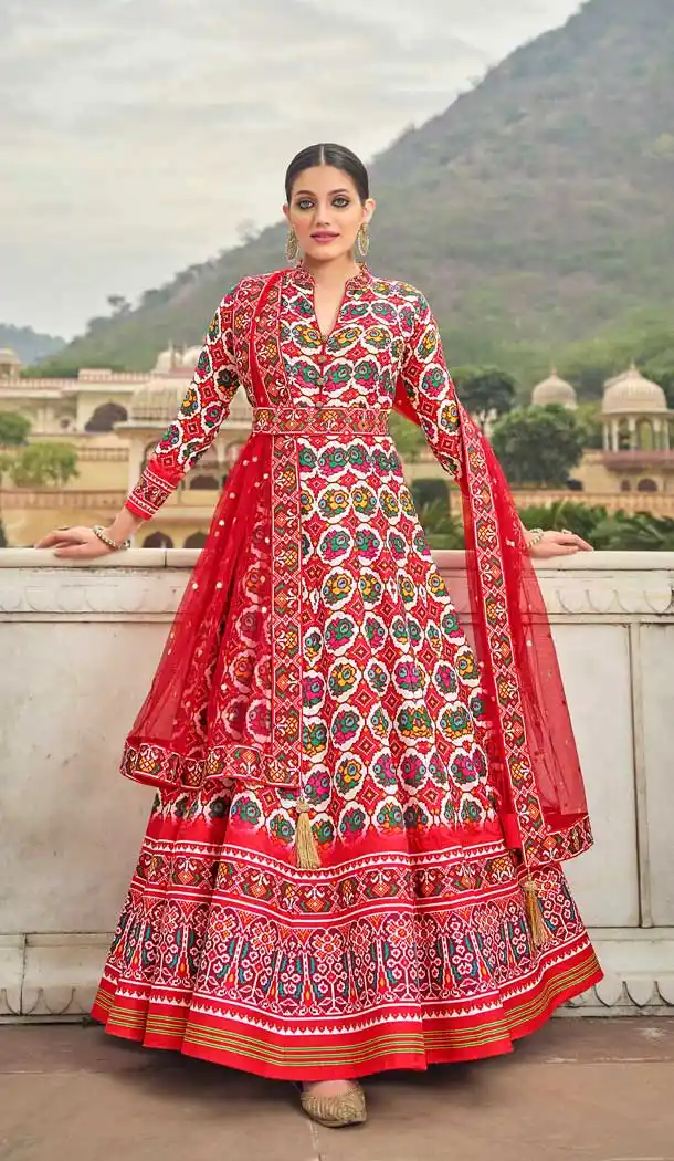 Soft Dola Silk Multi Color Patola Print Work Festival Wear Gown With Dupatta -5683163896