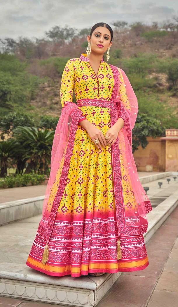 Yellow Color Soft Dola Silk Patola Print Work Festival Wear Gown With Dupatta -5683163897