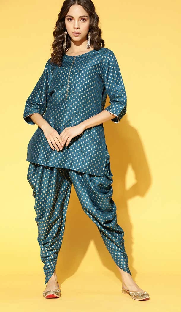 Teal Color Chinon Printed Work Party Wear Readymade Fancy Kurti And Dhoti -5687163925
