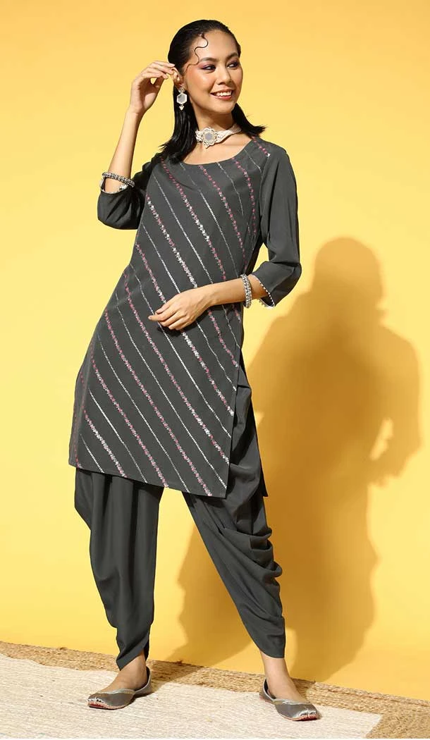 Grey Color Crepe Printed Work Party Wear Readymade Fancy Kurti And Dhoti -5687163927