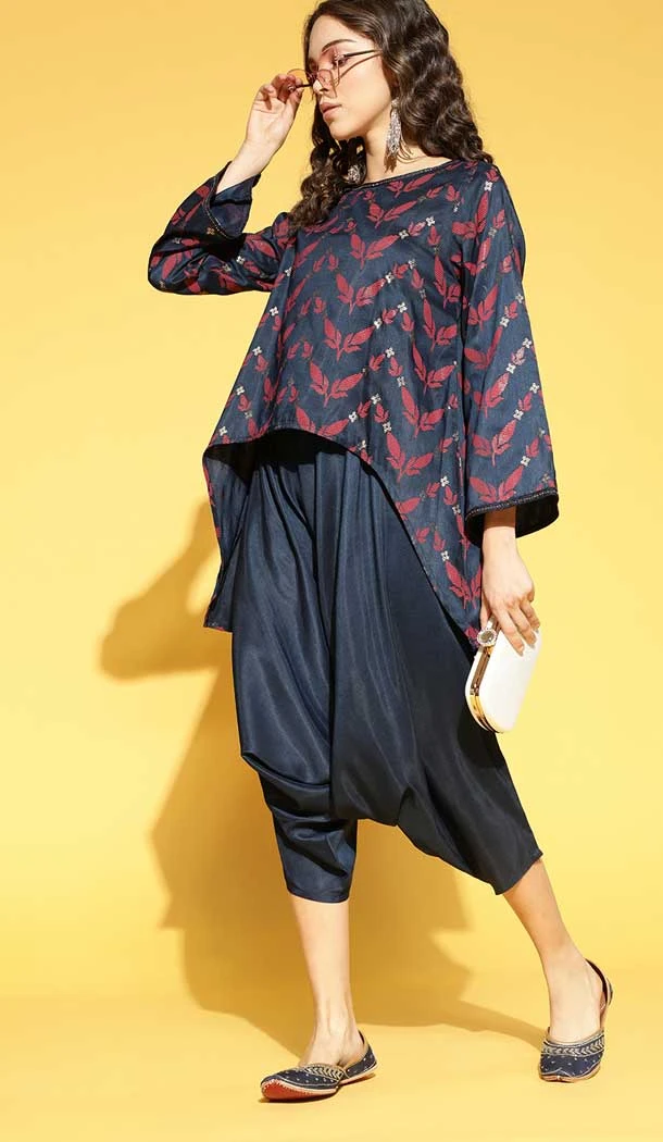 Navy Blue Color Poly Silk Printed Work Party Wear Readymade Fancy Kurti And Dhoti -5687163928