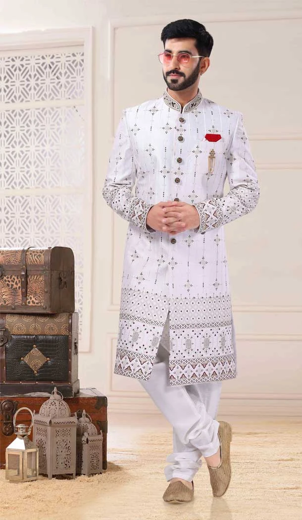 White Color Silk Resham And Zari Work Readymade Men's Sherwani -5700164020