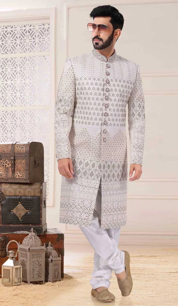 White Color Silk Mirror And Sequins Work Readymade Men's Sherwani -5700164021