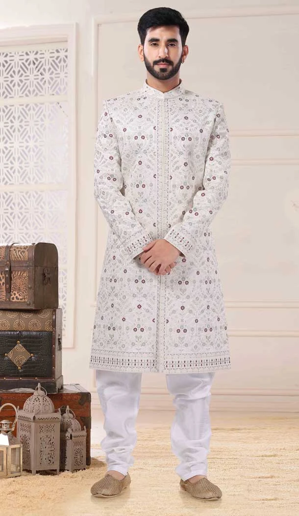 Off White Color Silk Resham And Sequins Work Readymade Men's Sherwani -5700164022