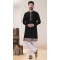 Black Color Silk Self Work Readymade Men's Kurta Pajama -5700164024