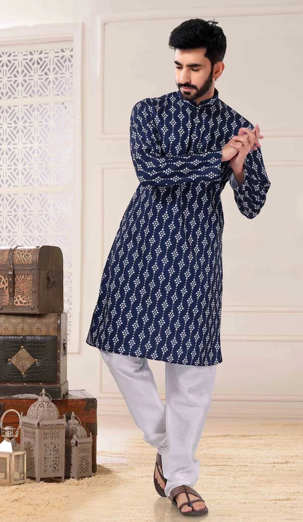 Blue Color Soft Cotton Digital Print Work Readymade Men's Kurta Pajama -5700164025