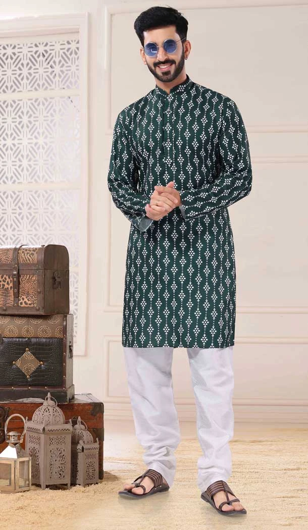 Green Color Soft Cotton Digital Print Work Readymade Men's Kurta Pajama -5700164026