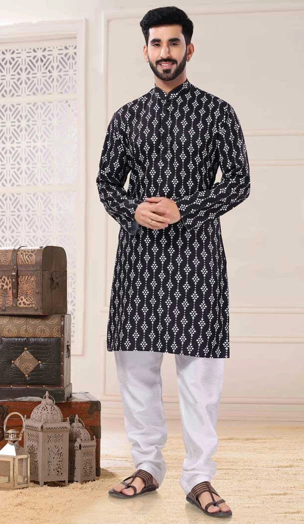 Black Color Soft Cotton Digital Print Work Readymade Men's Kurta Pajama -5700164027
