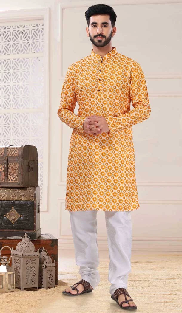Yellow Color Soft Cotton Digital Print Work Readymade Men's Kurta Pajama -5700164031