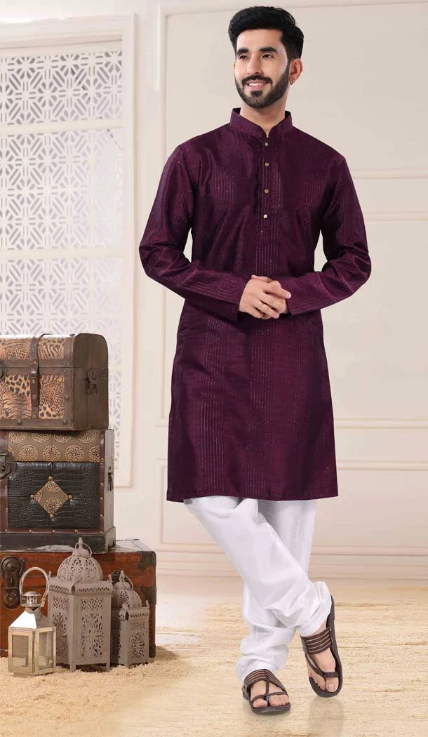 Wine Color Silk Woven And Self Work Readymade Men's Kurta Pajama -5700164034
