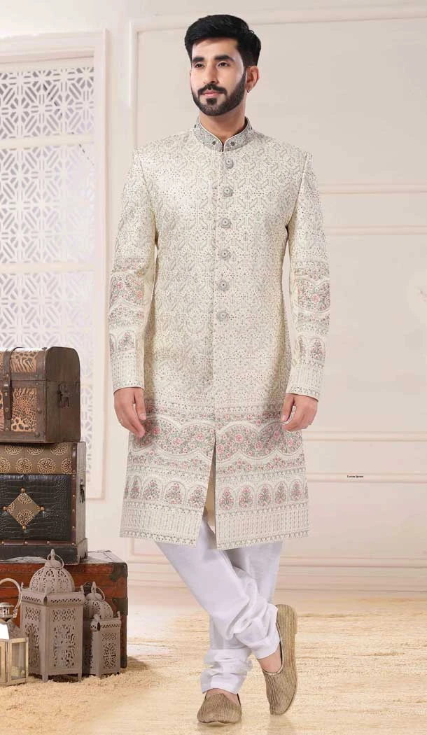 Cream Color Silk Resham And Bead Work Readymade Men's Sherwani -5700164037