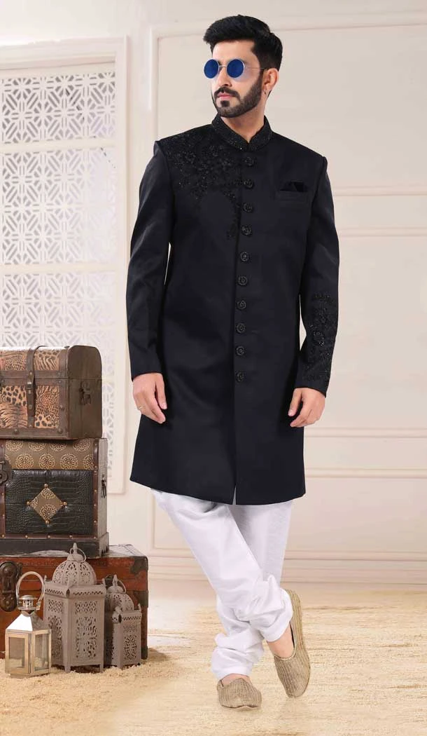 Black Color Terry Rayon Resham And Bead Work Readymade Men's Indo Western -5700164041