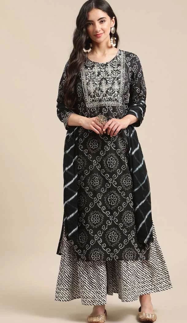 Black Color Poly Cotton Zari And Embroidery Work Party Wear Sharara Suit -5708164087