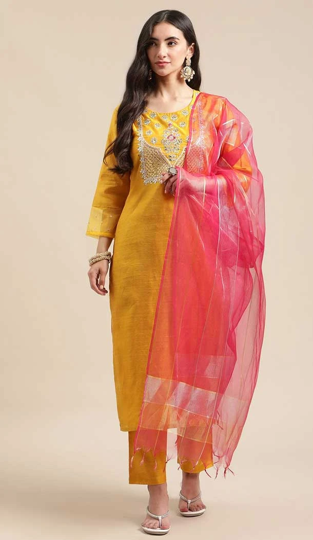 Yellow Color Poly Cotton Embroidery Work Party Wear Readymade Salwar Suit -5708164088