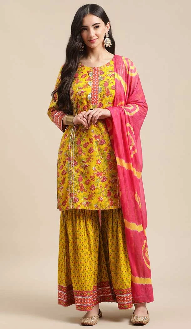 Yellow Color Poly Cotton Digital Print And Zari Work Party Wear Sharara Suit -5708164090