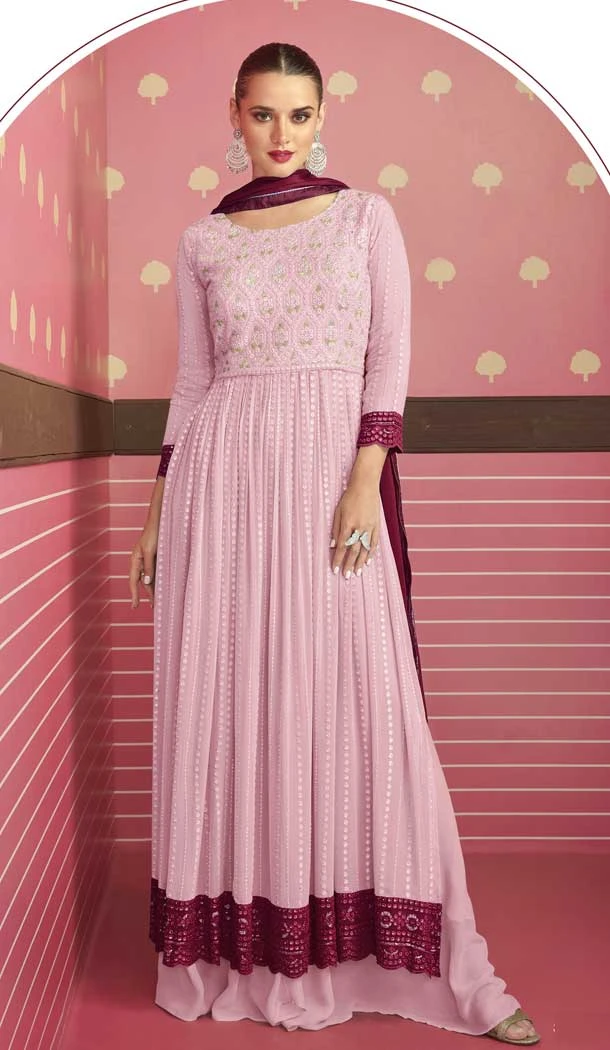Pink Color Fox Georgette Resham Work Party Wear Palazzo Salwar Kameez -5713164113