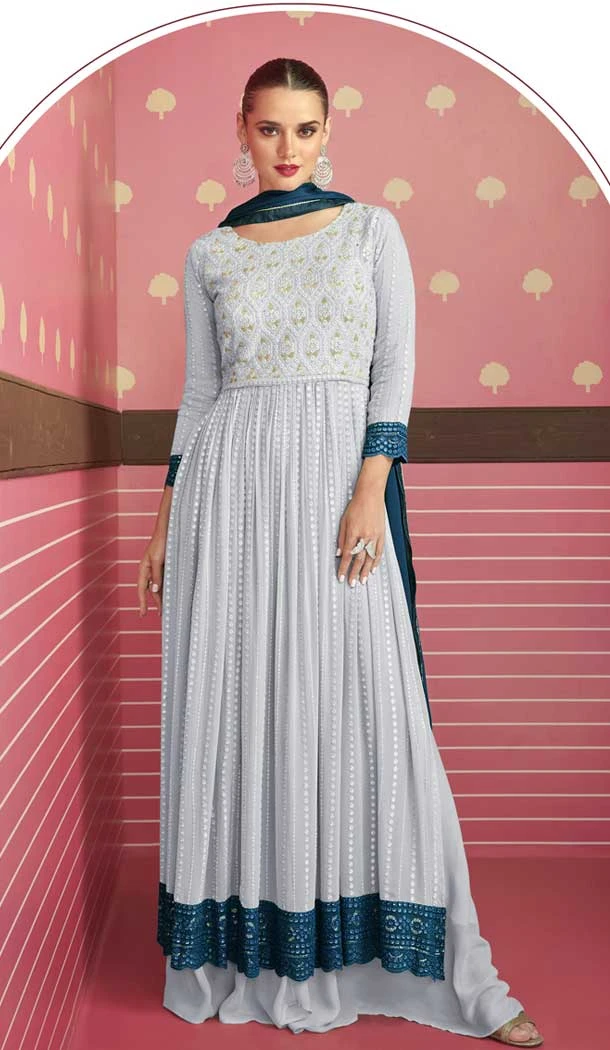 Grey Color Fox Georgette Resham Work Party Wear Palazzo Salwar Kameez -5713164114