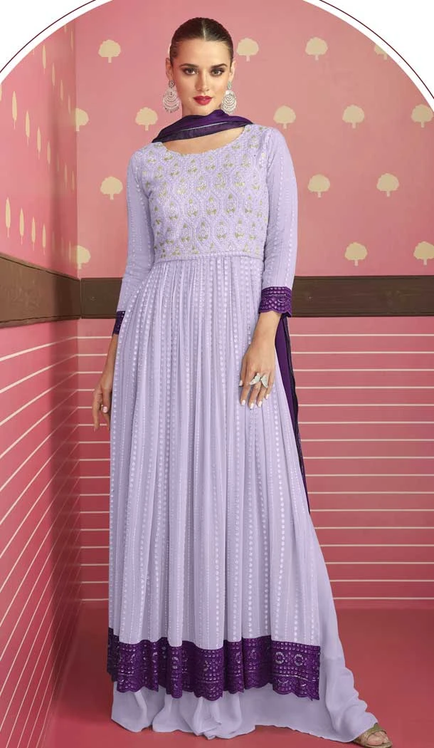 Light Purple Color Fox Georgette Resham Work Party Wear Palazzo Salwar Kameez -5713164116