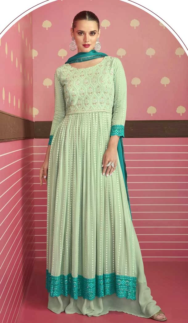 Pastel Green Color Fox Georgette Resham Work Party Wear Palazzo Salwar Kameez -5713164117