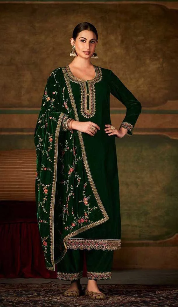 Green Color Velvet Embroidery Work Function Wear Palazzo Salwar Suit -5714164118