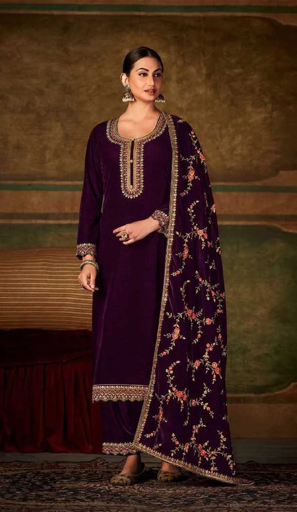 Purple Color Velvet Embroidery Work Function Wear Palazzo Salwar Suit -5714164119