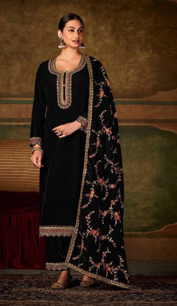 Black Color Velvet Embroidery Work Function Wear Palazzo Salwar Suit -5714164120