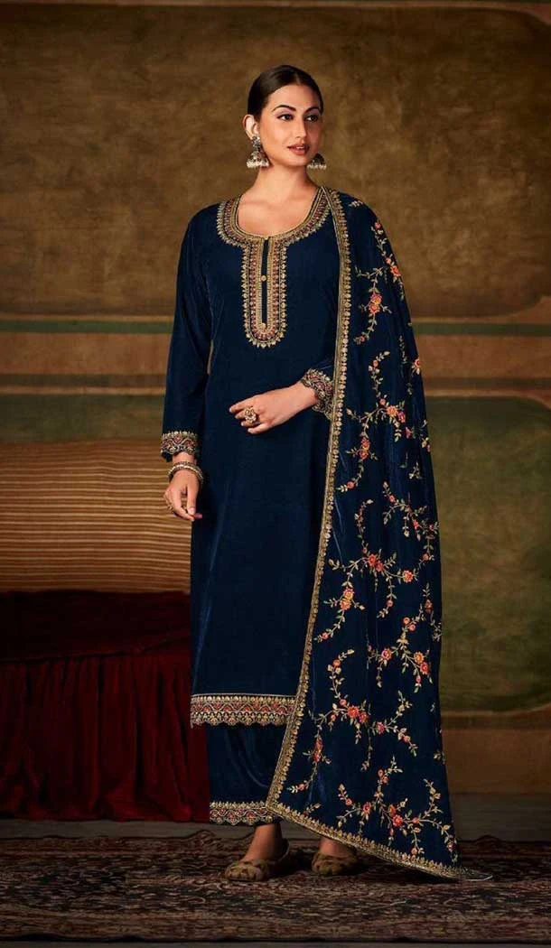 Navy Blue Color Velvet Embroidery Work Function Wear Palazzo Salwar Suit -5714164122