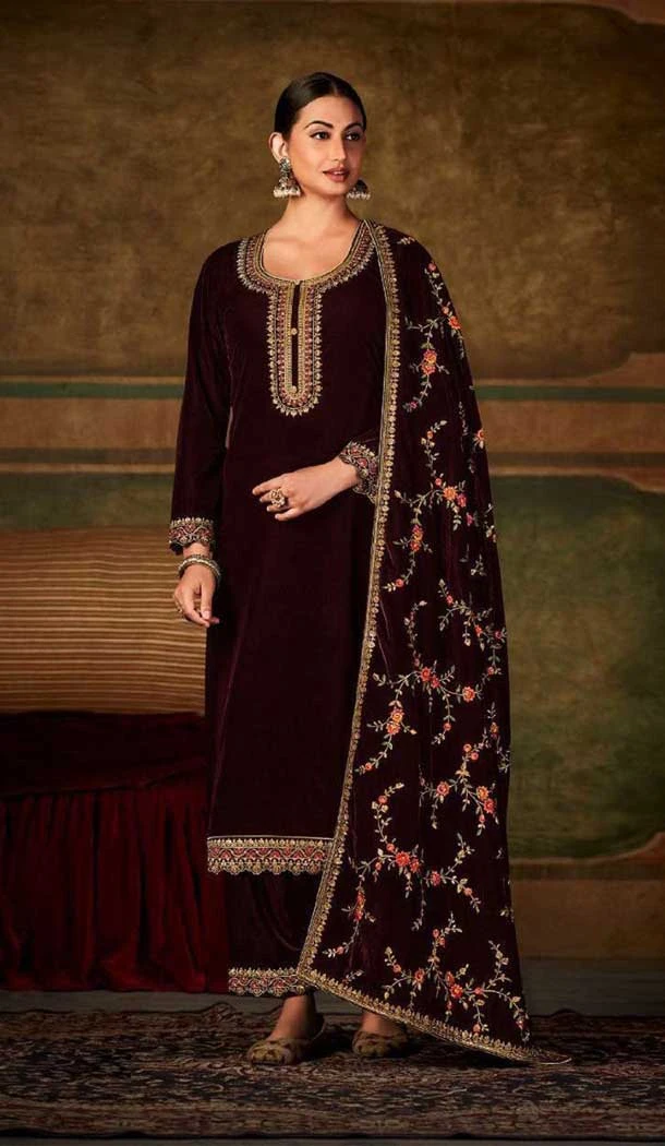 Maroon Color Velvet Embroidery Work Function Wear Palazzo Salwar Suit -5714164123