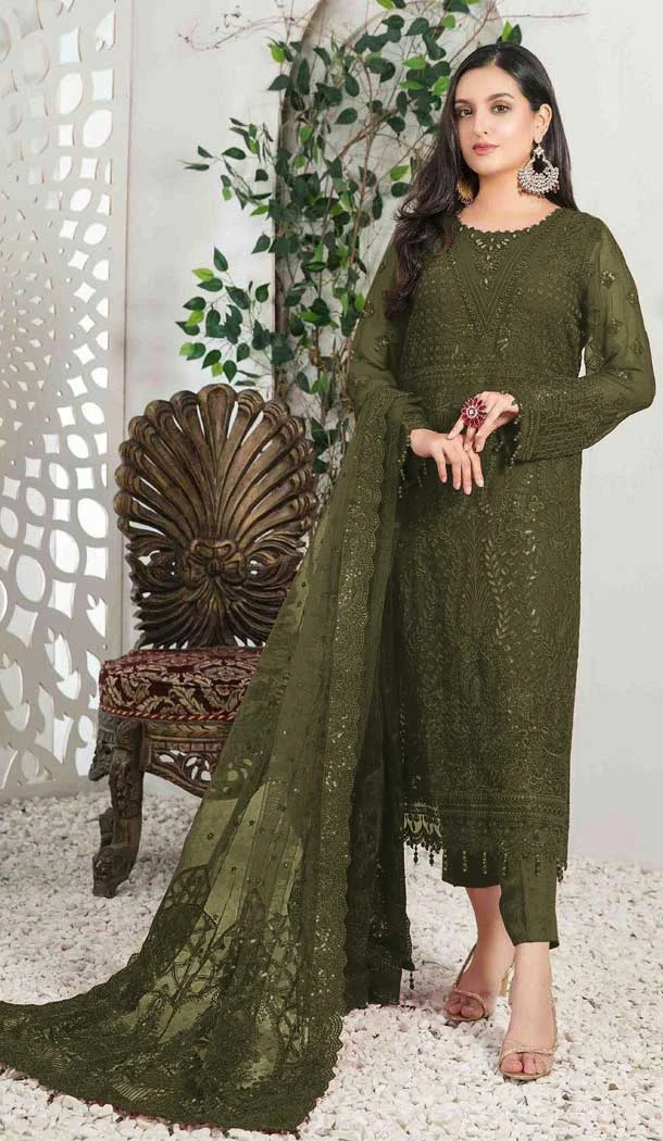 Festival Wear Mehendi Green Color Fox Georgette Embroidery Pakistani Salwar Kameez -5715164125